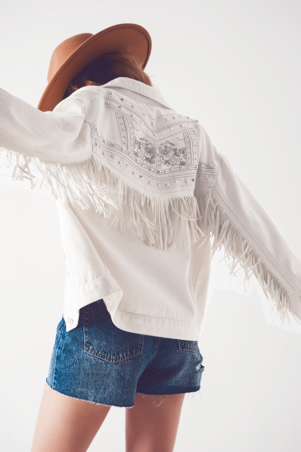 Embellished Fringe Denim Embroidered Jacket in White-0